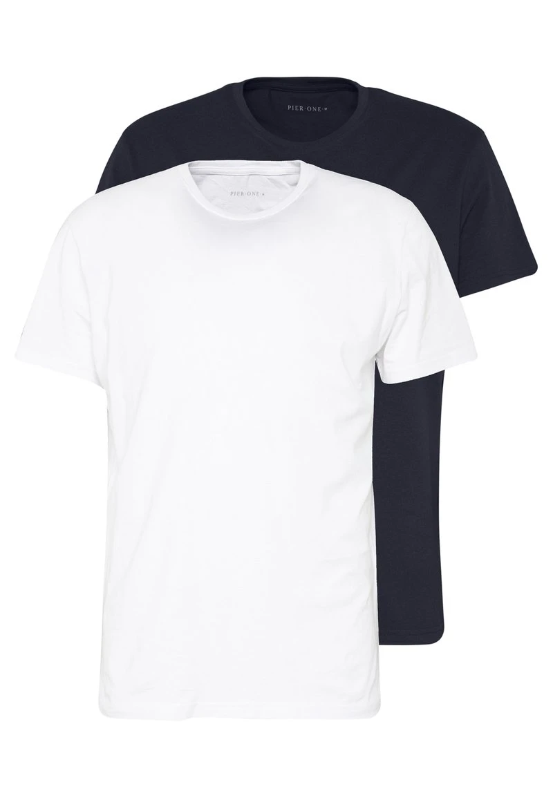 Pier One 2 PACK - T-Shirt Basic - White/dark Blue 1 Pier One 2 PACK - T-Shirt Basic - White/dark Blue